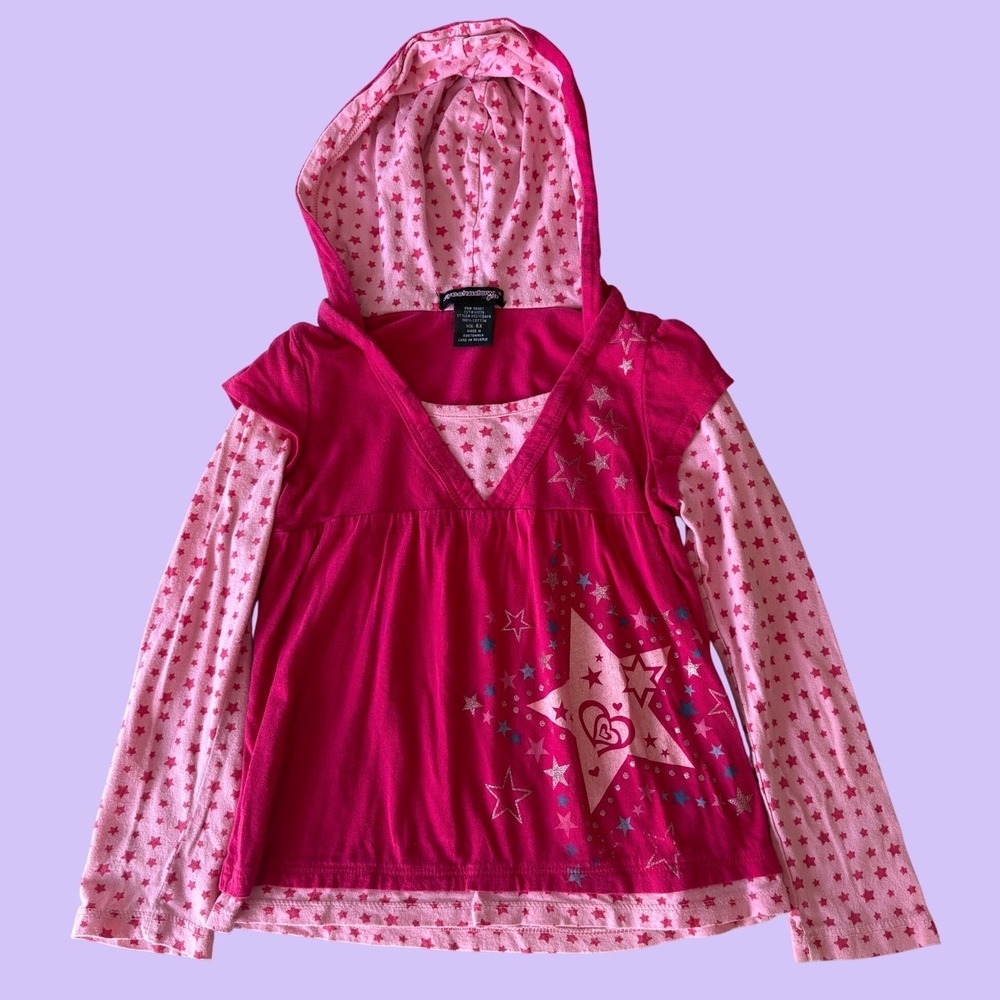 Y2K Eye-shadow Star Print Layered Hoodie Top Baby Tee Scene Cute #18